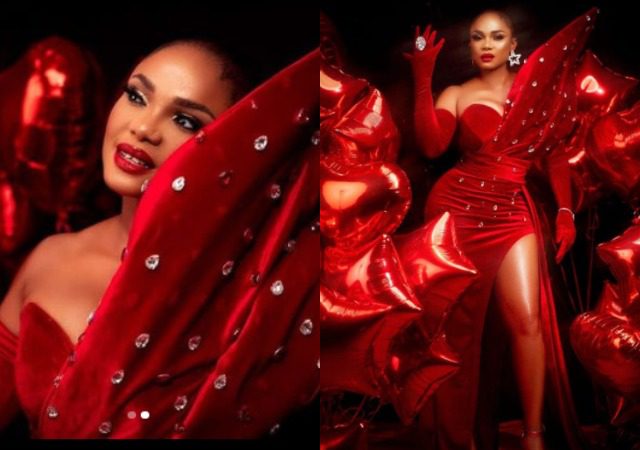 Valentine: Iyabo Ojo Flies 44 Balloons As She Tensions Followers, Slays In Scorching Purple Gown